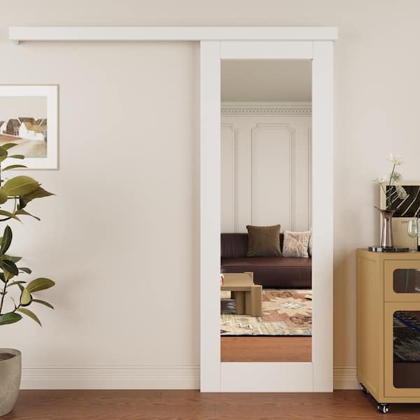 30 in. x 80 in. Hidden Track Style 1-Lite Mirrored Glass White Primed MDF Sliding Barn Door with Hardware Kit