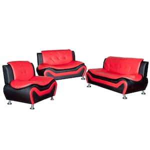 Red and Black Leather Three Piece Sofa Set