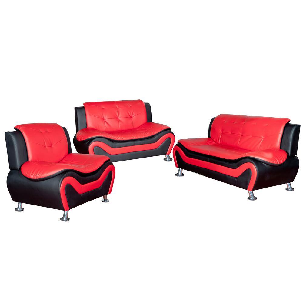 Black Leather Three Piece Sofa Set, Red Leather Couch And Chair