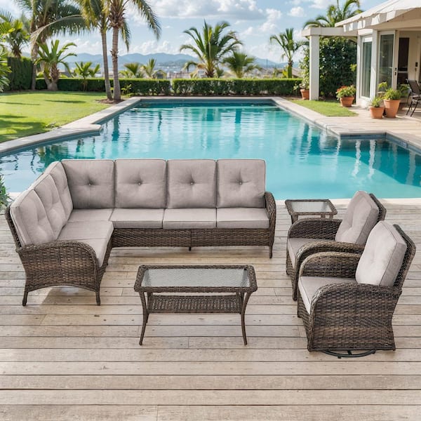 moosprr 6-Piece Brown Wicker Outdoor Sectional Set with Olefin Beige Cushions and L-Shaped Sofa/Swivel Glider Chairs