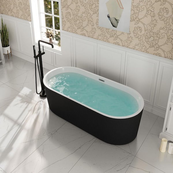67 in. x 29.5 in. Pleated Design Acrylic Freestanding Soaking Bathtub with Overflow and Pop-Up Drain in Black