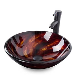 Bathroom Glass Red and Black Vessel Sink with Oil-Rubbed Bronze Faucet