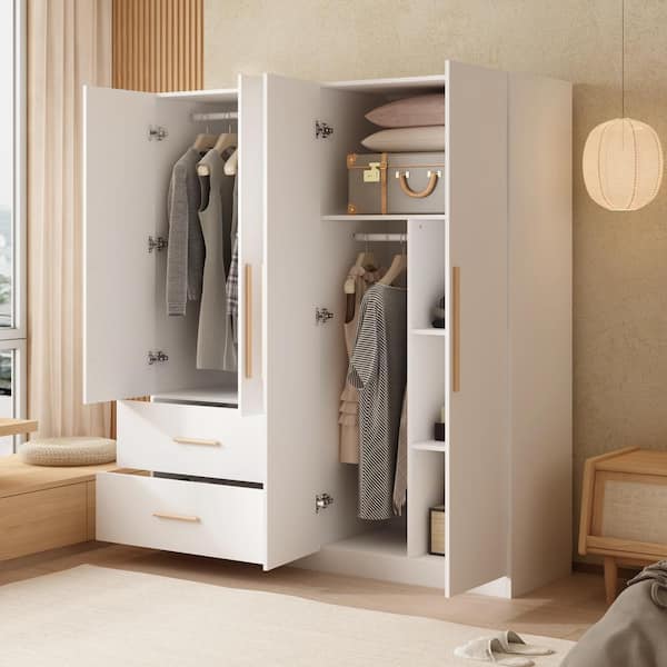 FUFU&GAGA Large Wardrobe Closet, 4-Door Armoire Storage Cabinet with  Hanging Rods and Shelves for Bedroom, White