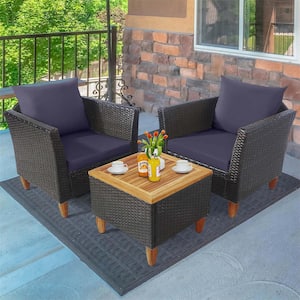 3-Piece Wicker Outdoor Bistro Set with Wooden Table Top Sofa Grey Cushions