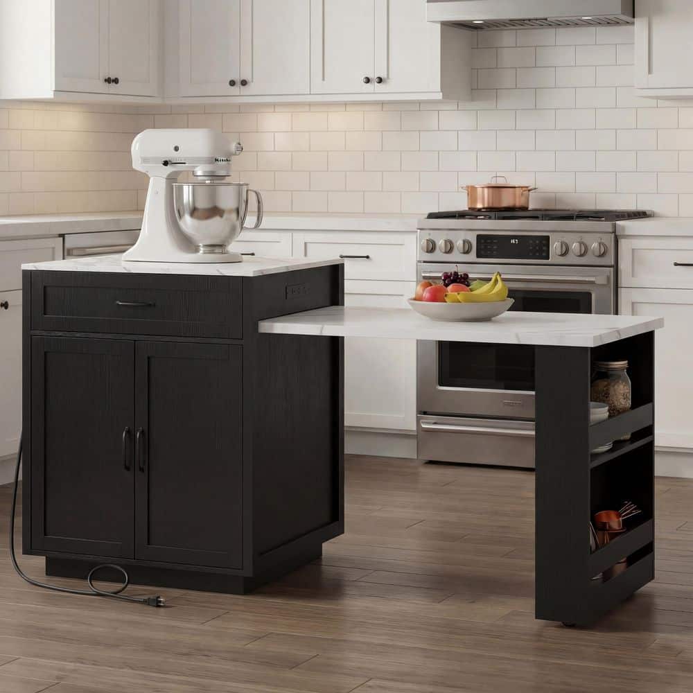 Ximuprmy Black Wood 82 in. Kitchen Island with Extendable Dining Table ...