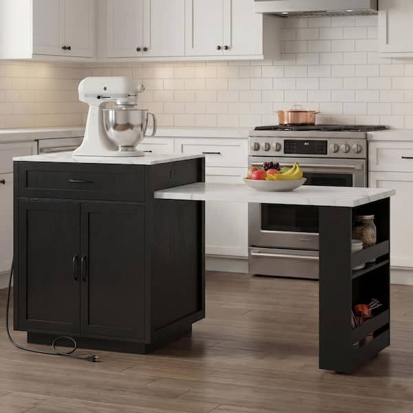 Ximuprmy Black Wood 82 in. Kitchen Island with Extendable Dining Table ...