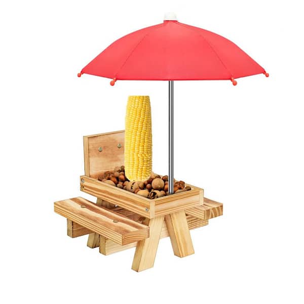 Unbranded Waterproof Carbonized Wood Squirrel Feeder with Umbrella, Solid Structure, Corn Cob Holder