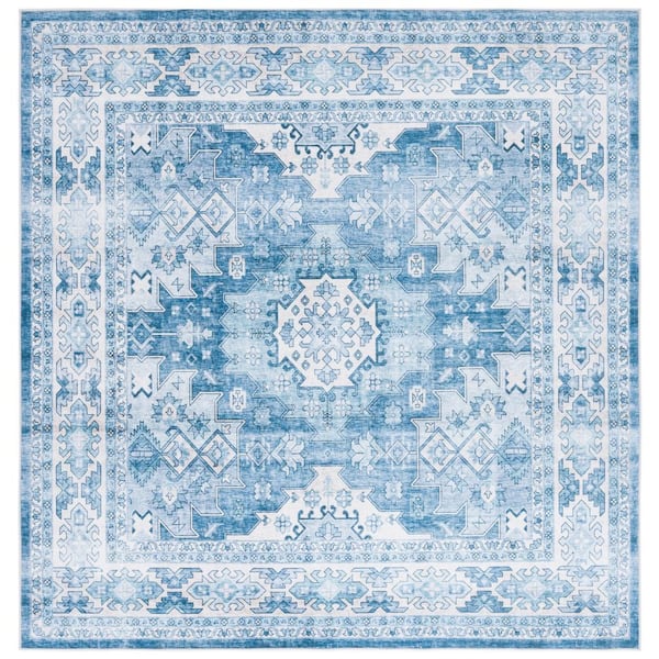 SAFAVIEH Arizona Light Blue/Blue 6 ft. x 6 ft. Distressed Border Ornate Machine Washable Square Area Rug