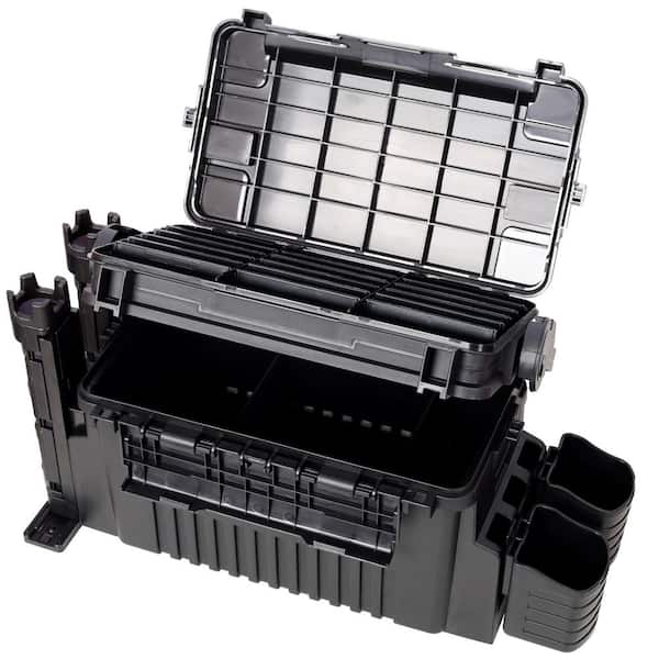Tidoin 22.5 in. Black Dual-Layer Large Organizer Fishing Tackle Box with 2 Rod Holder, 2 Cup Holder and Strap Tidoin 22.5 in. Black Dual-Layer Large Organizer Fishing Tackle Box with 2 Rod Holder, 2 Cup Holder and Strap