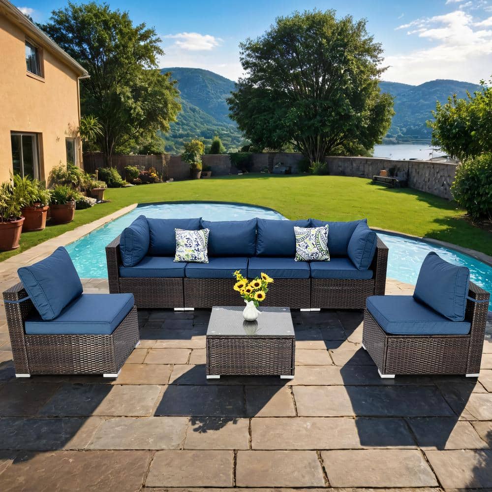 Brown 7-Pieces Vertical backrest Wicker Outdoor Fabric Sofa Sectional Set w