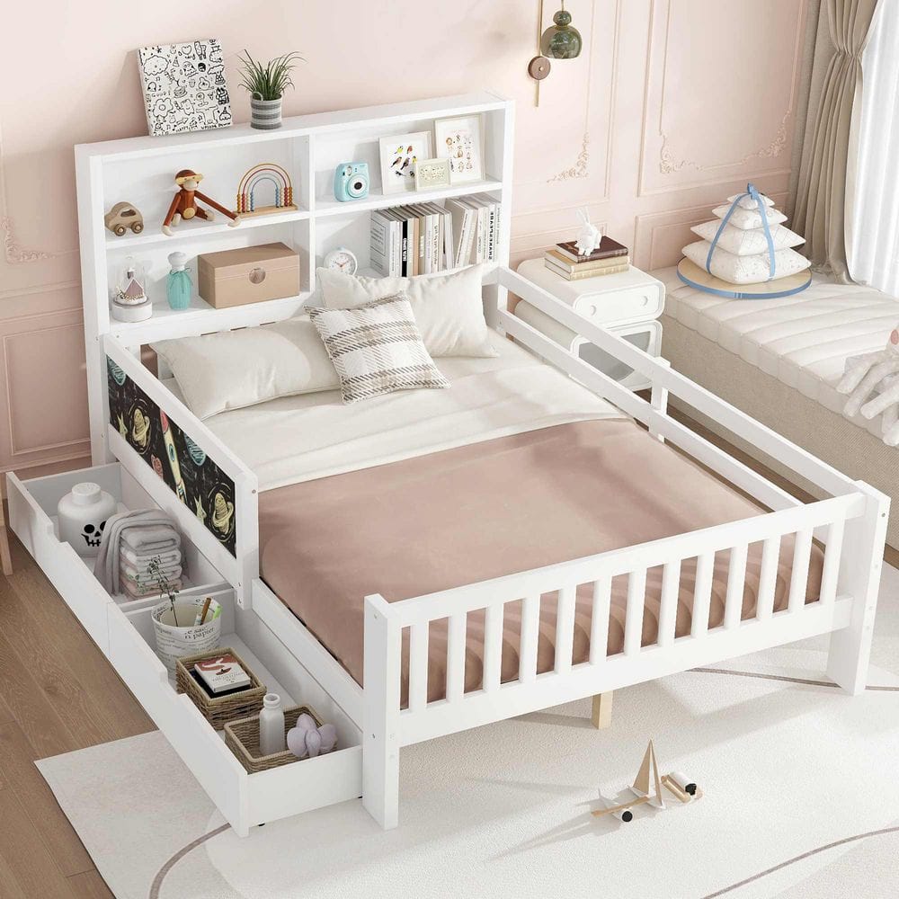 White Pine Wood Frame Full Platform Bed with Chalkboard, Storage Drawers and Shelves