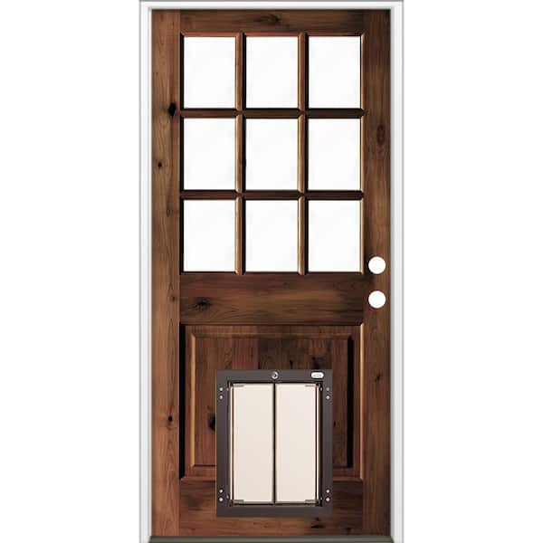 Krosswood Doors 36 in. x 80 in. Left Hand 9-Lite Clear Glass Red Mahogany Stained Wood Prehung Door with Large Dog Door