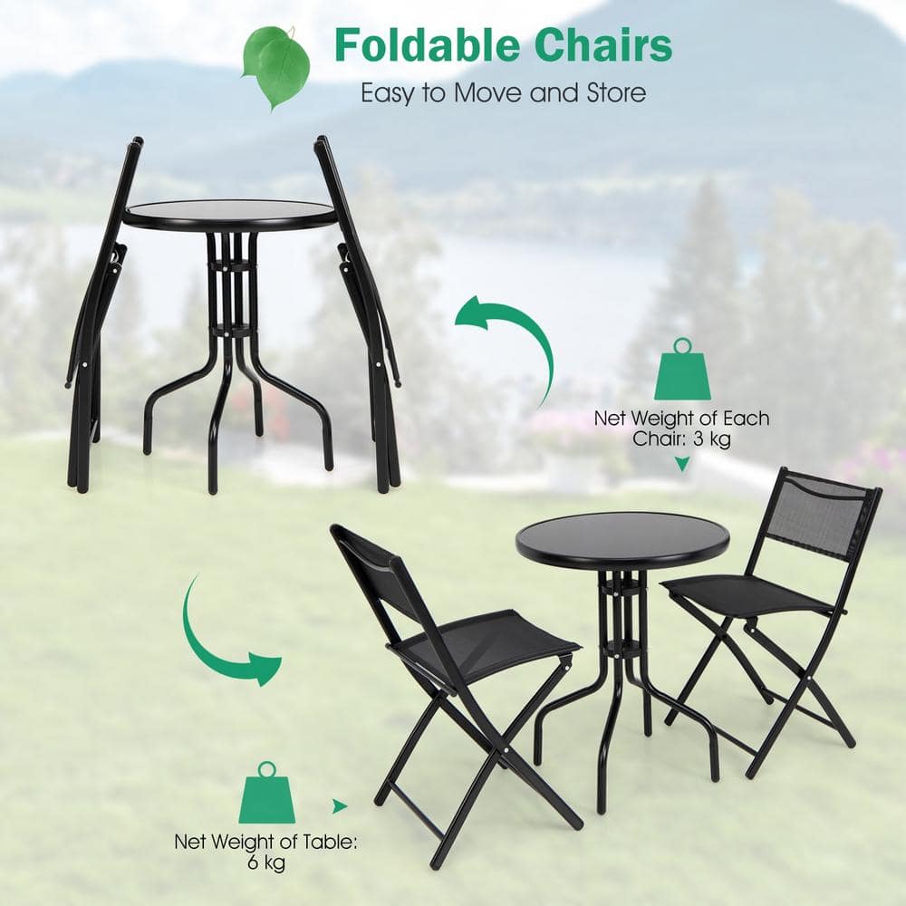 Black Metal Folding Bistro Set with Round Table and Armchairs