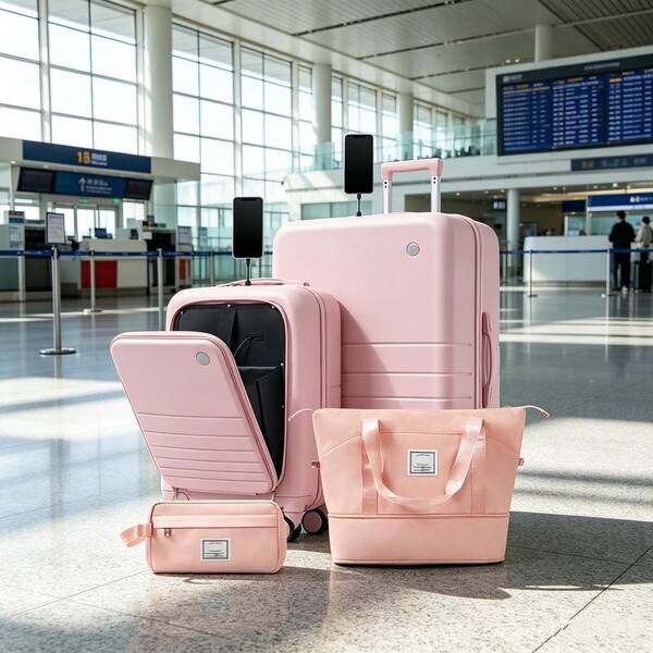 Polibi 4-Pieces Pink ABS Plastic Luggage Set with USB Charging