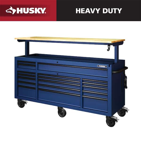 72 in. W x 24 in. D Heavy Duty 18-Drawer Adjustable Height Mobile Workbench with Solid Wood Top in Matte Blue