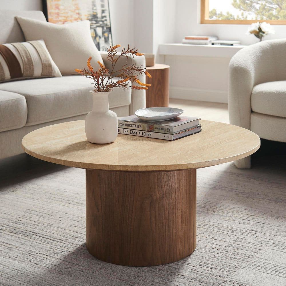 MODWAY Kioni 31.5 in. Walnut Travertine Round Natural Stone Coffee