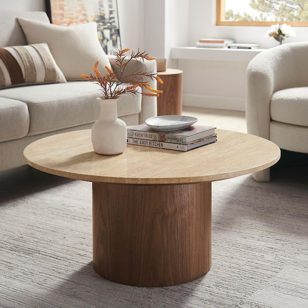 Kioni 31.5 in. Walnut Travertine Round Natural Stone Coffee Table with Pedestal Base