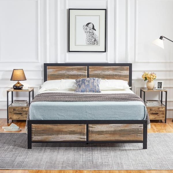 VECELO Metal Bed Frame Slate Brown Metal Frame Queen Size Platform Bed with  Wooden Rustic Country Style Headboard and Footboard KHD-BTJ-MBQ04-SLT - The  Home Depot