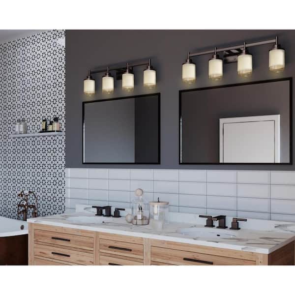 Alexa Collection 31 in. 4-Light Antique Bronze Etched Umber Linen With Clear Edge Glass Modern Bathroom Vanity Light