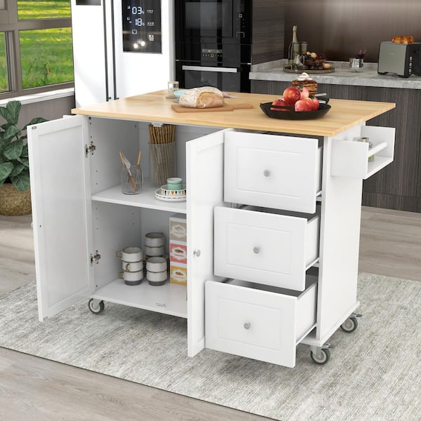 White Solid Wood Kitchen Cart with Drop-Leaf and Spice Rack