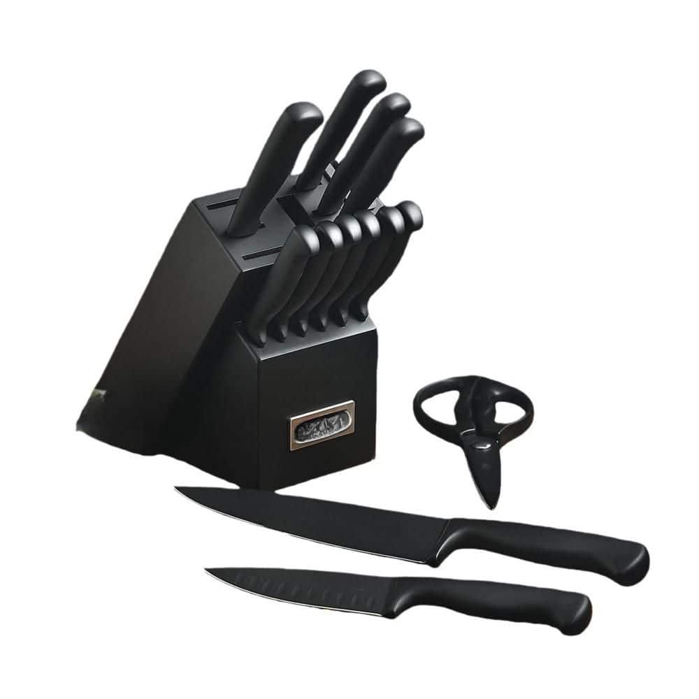 15-Piece Stainless Steel Kitchen Knife Sets with Knife Block and Built-in Sharpener, Black - Thumbnail 2