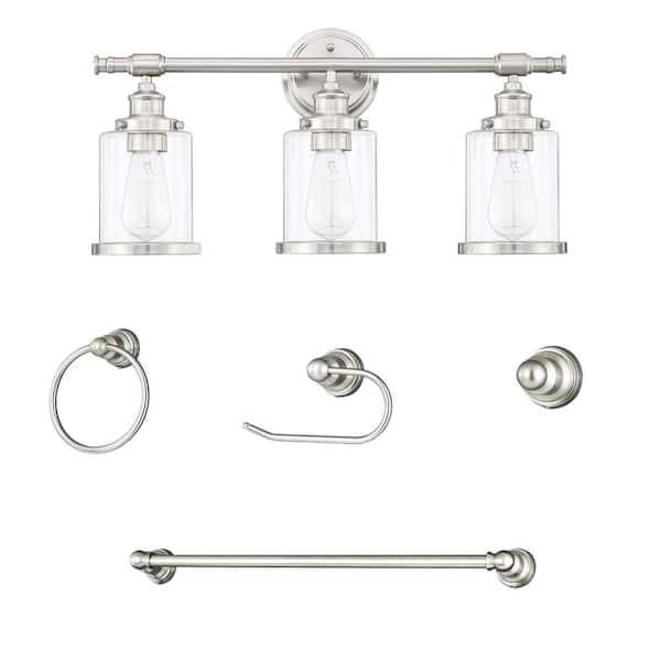 23.5 in. 3-Light Gray Vanity Light Fixture All-In-One Bathroom Set with Clear Glass Shades (5-Piece)