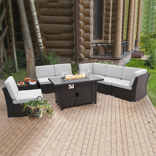 Miscool Anky Black Brown 8 Piece Rattan Wicker Patio Fire Pit