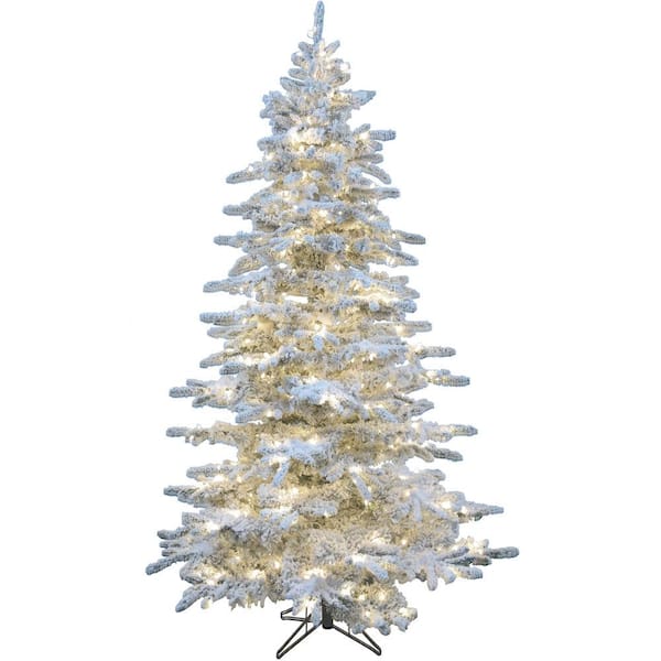 Christmas Time 7.5-ft. Silverado Pine White Flocked Slim Artificial Christmas Tree with EZ Connect Warm White LED Lights
