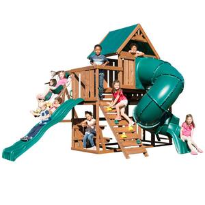 Denali Tower Ready-To-Assemble Wooden Outdoor Playset with 2 Slides, Rock Wall, Swings and Swing Set Accessories