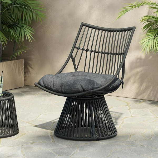 Black PE Wicker Outdoor Lounge Chair with Gray Cushion
