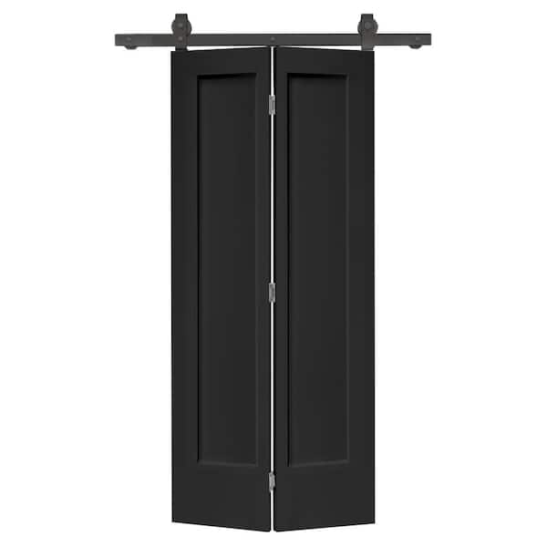 30 in. x 80 in. 1 Panel Shaker Black Painted MDF Composite Bi-Fold Barn Door with Sliding Hardware Kit