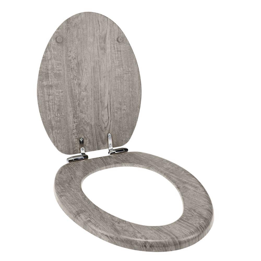 Elongated Gray Distressed Wood Veneer Toilet Seat with Chrome Hinges