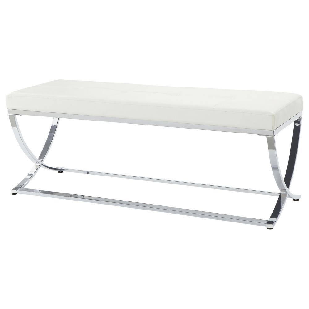 Beige Faux Leather Tufted Bedroom Bench with Chrome Frame