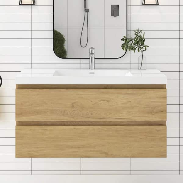 JimsMaison 42 in. W x 20 in. D x 22 in. H Single Sink Floating Bath Vanity in Natural Oak with Glossy White Resin Top