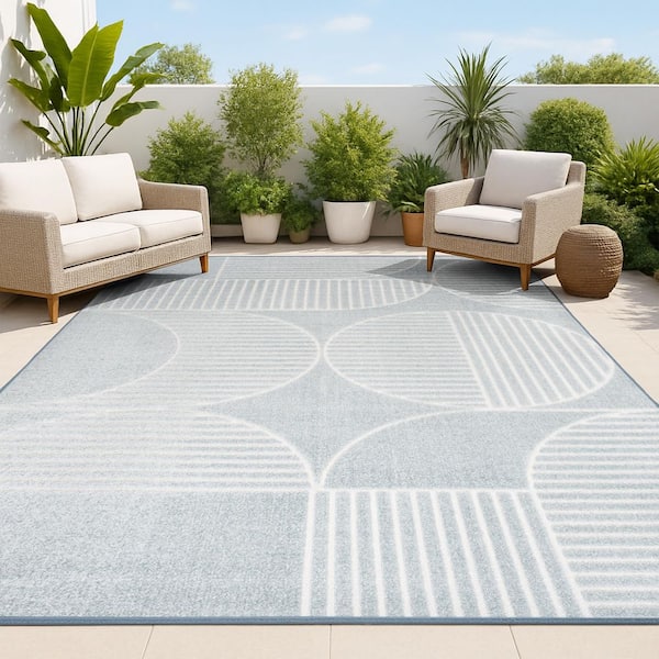 JONATHAN Y Nordby High-Low Geometric Arch Scandi Striped Light Blue/Cream 5 ft. x 8 ft. Indoor/Outdoor Area Rug