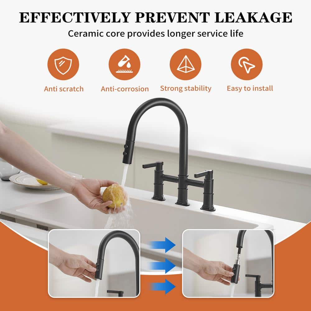 Matte Black Dual Handle Pull-Down Bridge Kitchen Faucet
