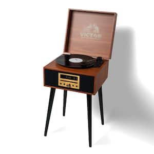 Newbury Bluetooth Turntable Record Player, CD/MP3 Player, FM Radio, USB, Built-In Speakers & Chair Height Legs, Mahogany