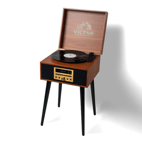 Victor Newbury Bluetooth Turntable Record Player, CD/MP3 Player, FM Radio, USB, Built-In Speakers & Chair Height Legs, Mahogany