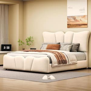 Beige Wood Frame Full Size Velvet Upholstered Platform Bed with Flower-shaped Headboard and Footboard