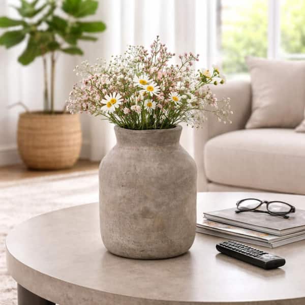 12 in. Gray Ceramic Round Handcrafted Milk Decorative Vase