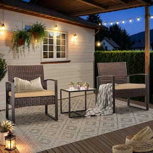 Wide 3-Piece Brown Wicker Patio Conversation Set with Dark-Brown Cushions