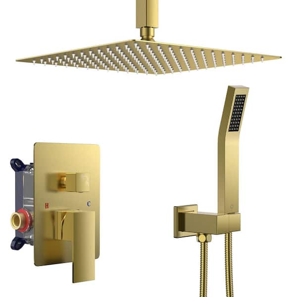 androme 12 in. 2-Jet High-Pressure Mixer Rainfall Shower System w/Wall Mount Square Head and Handheld in Gold (Valve Included)