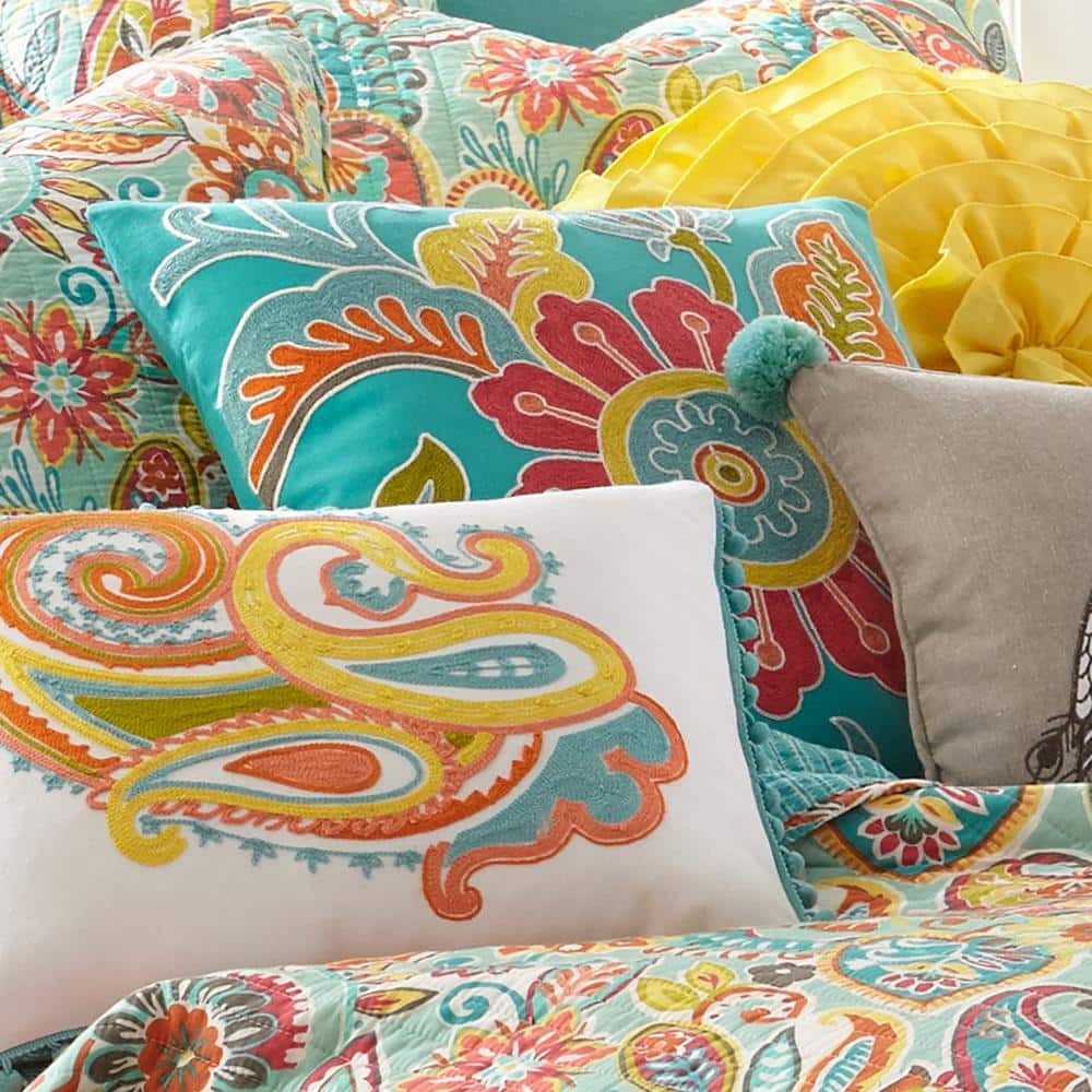 Palisades Crewel-Stitched Floral Decorative Pillow in Teal - 18"x18"