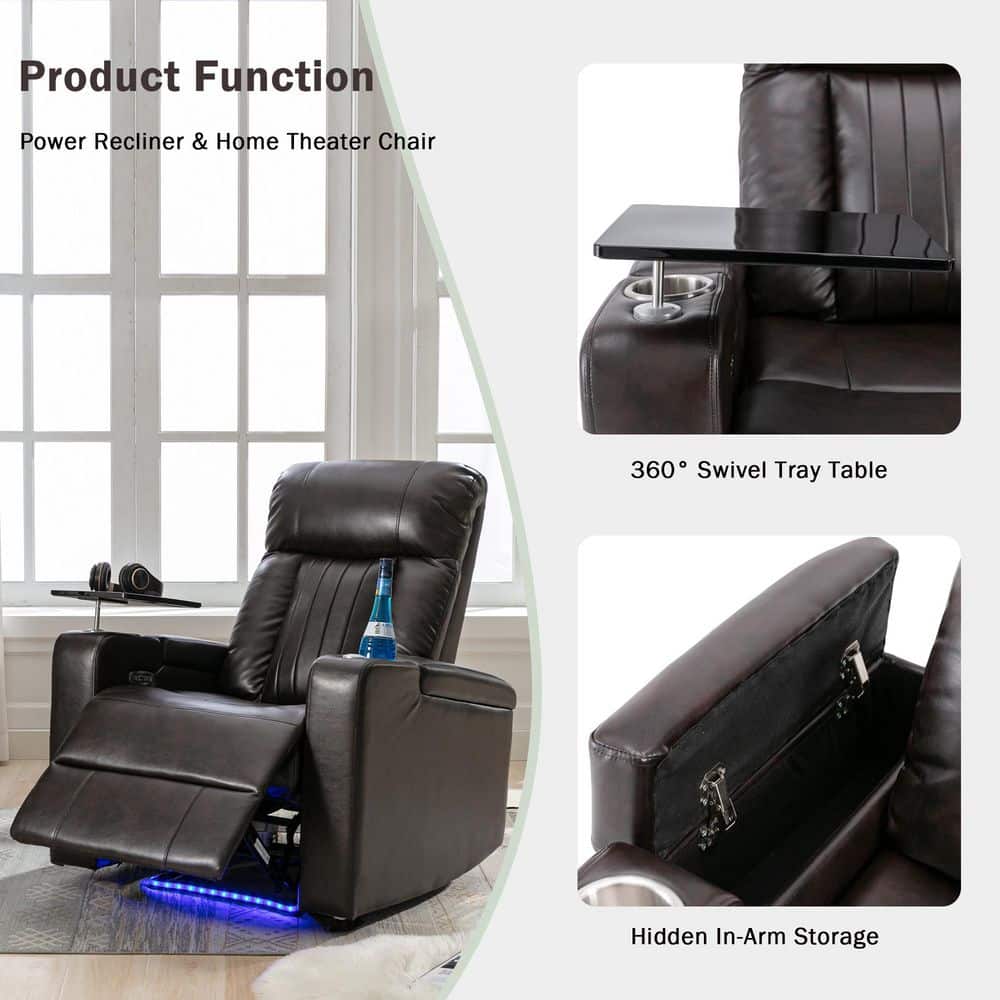 Infographic detailing features like tray table and storage for the recliner.