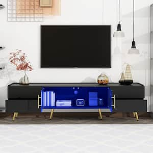 Black Modern TV Stand Fits TVs up to 80 in. with LED lights, 4-Drawers, Brown Glass Door, Metal Legs and Handles