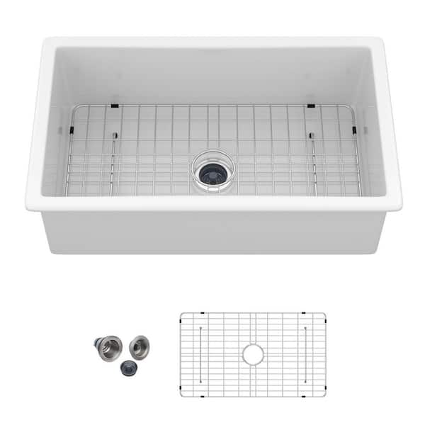 32 in. Undermount Single Bowl White Porcelain Fireclay Kitchen Sink with Stainless Steel Grid and Strainer
