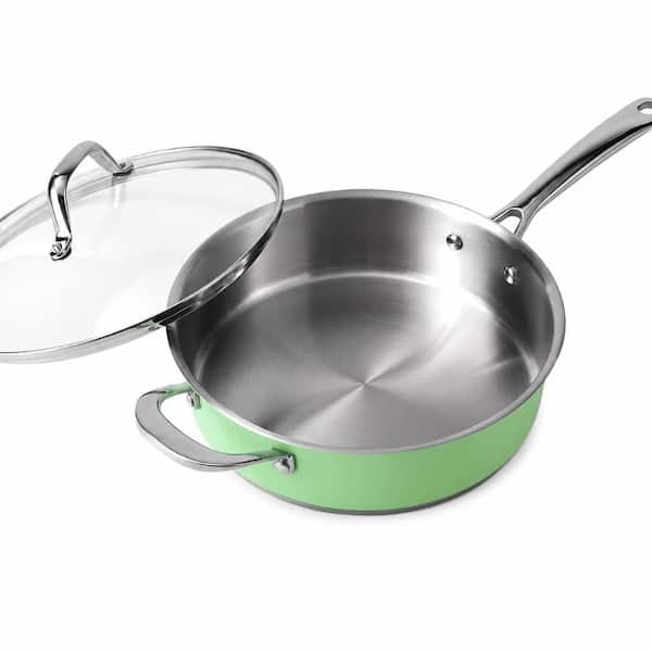 9.5 Inch Nickel Free Stainless Steel Saute Pan 2.5 Qt with Glass Lid Mint Green Exterior, Coating Free