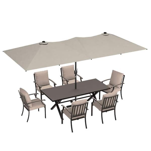 8-Piece Metal Patio Outdoor Dining Set with 6 Chairs, Large Table, Center-Pole Umbrella and Khaki Cushions