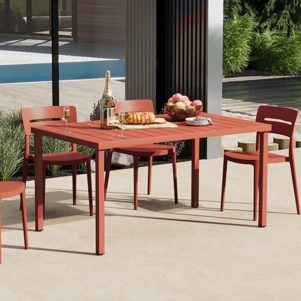 Frond and Form Modern Outdoor Patio 59 in. x 35.4 in. Rectangular Iron Dining Table, Red