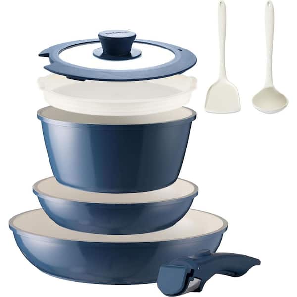 8-Piece Blue Ceramic Nonstick Cookware Set with Removable Handle, Stackable, Multi-Cooktop Compatible